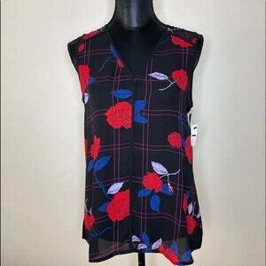 Halogen Sheer Top Floral Sleeveless V Neck Tank New Etta Check Black Size Small